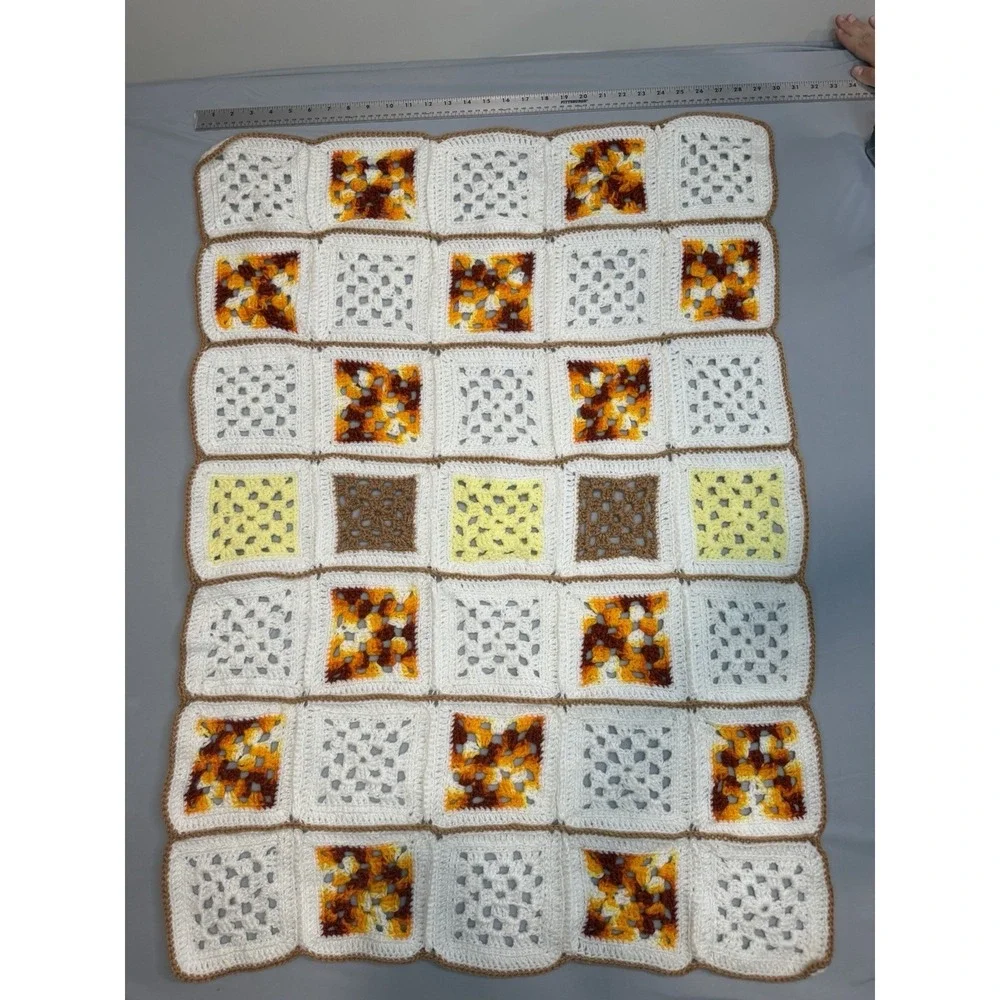 Baby-Aphgan-Blanket-Crochet-Handmade Unisex 40in X 29.5in White Brown Orange